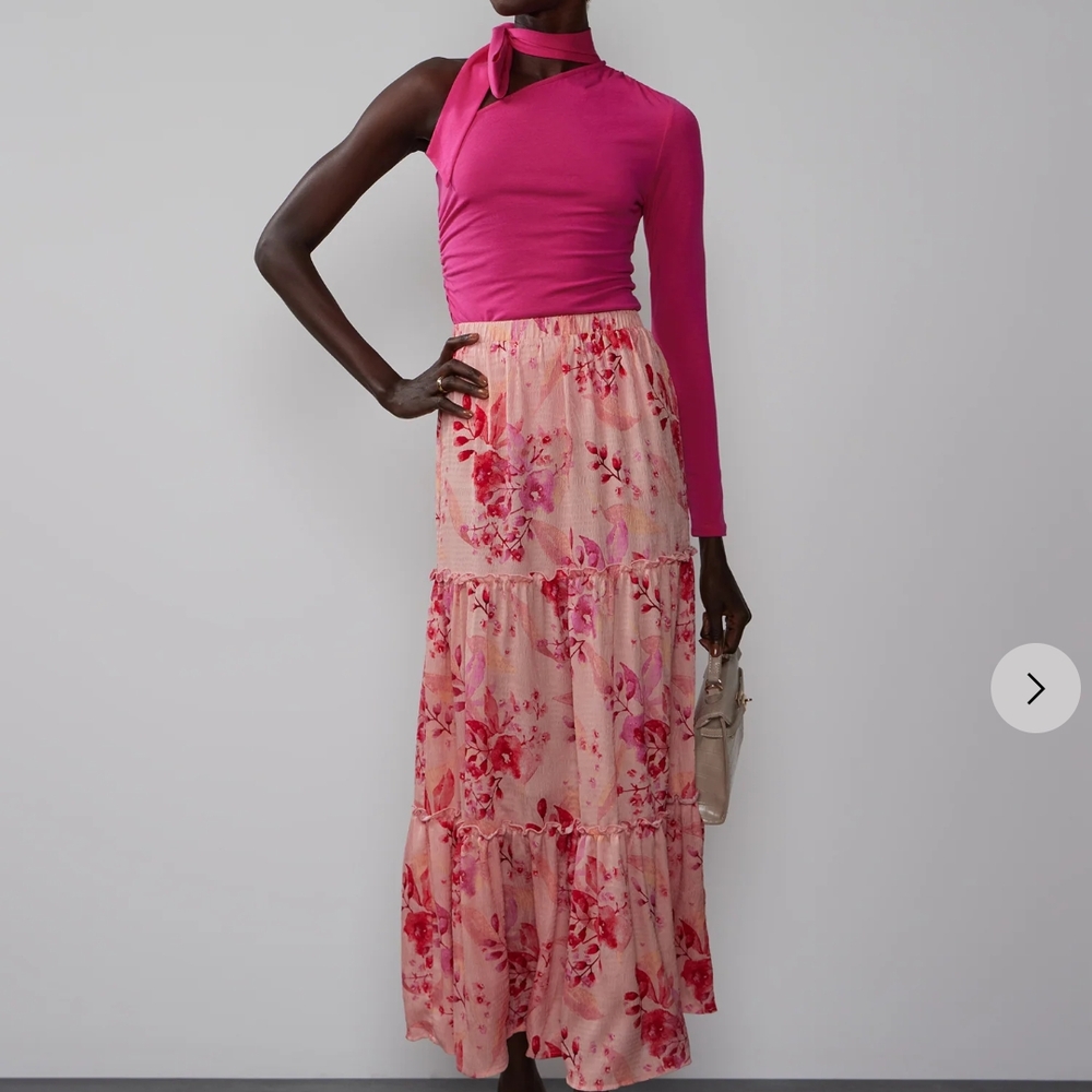 New York & Company Pink and White Tiered Maxi Skirt